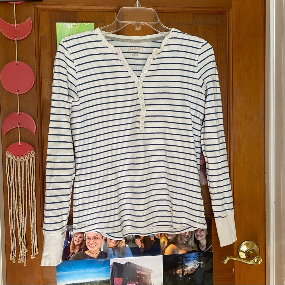 L.L. Bean Navy and White Striped Henley Blouse